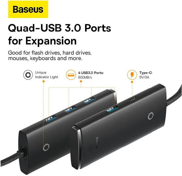 USB Хаб Baseus Lite Series 4-in-1 (Type-C to USB 3.0*4 ) (1m), Black (WKQX030401)