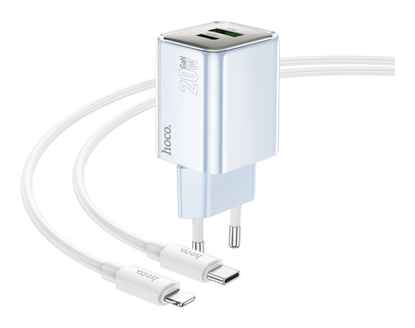 ЗП Hoco N46 Glorious PD20W+QC3.0 (1USB-A/1C) + Type-C to Lightning, Blue