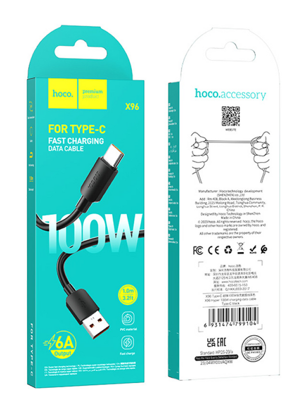 Кабель USB - TypeC Hoco X96 Hyper 100W, Black