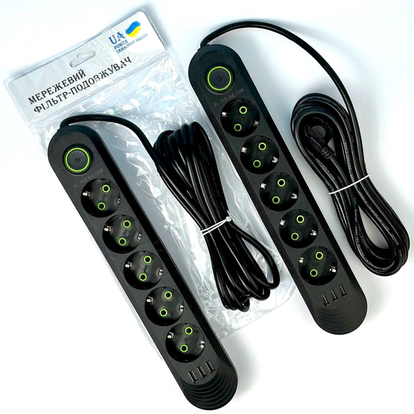 Мережевий фільтр UA Power F05U на 5 розеток + 3USB 4м, Black