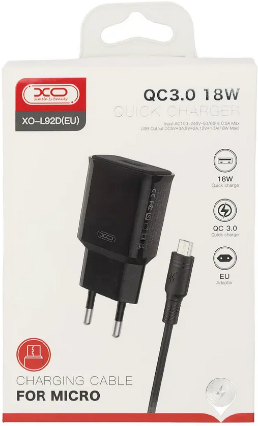 ЗП XO L92D Micro 1USB QC3.0 18W, Black