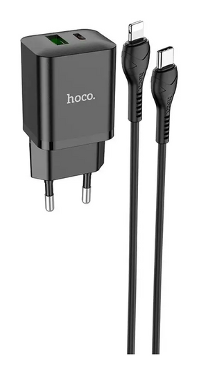 ЗП Hoco N28 Founder 20W ( USB + Type-C) + Кабель Type-C to Lightning (1m), Black