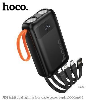 Power Bank Hoco J151 Spirit 10000mAh 5V/2A (1C1A)+4 cables (USB-A/iP/M/T) з ліхтарем, Black