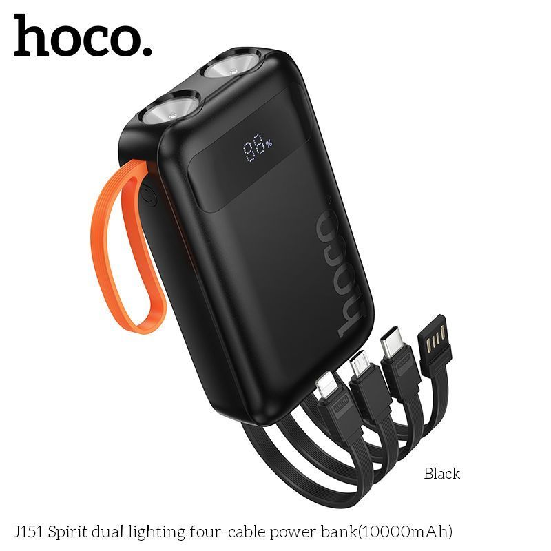 Power Bank Hoco J151 Spirit 10000mAh 5V/2A (1C1A)+4 cables (USB-A/iP/M/T) з ліхтарем, Black