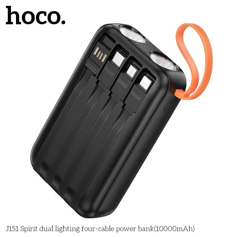 Power Bank Hoco J151 Spirit 10000mAh 5V/2A (1C1A)+4 cables (USB-A/iP/M/T) з ліхтарем, Black