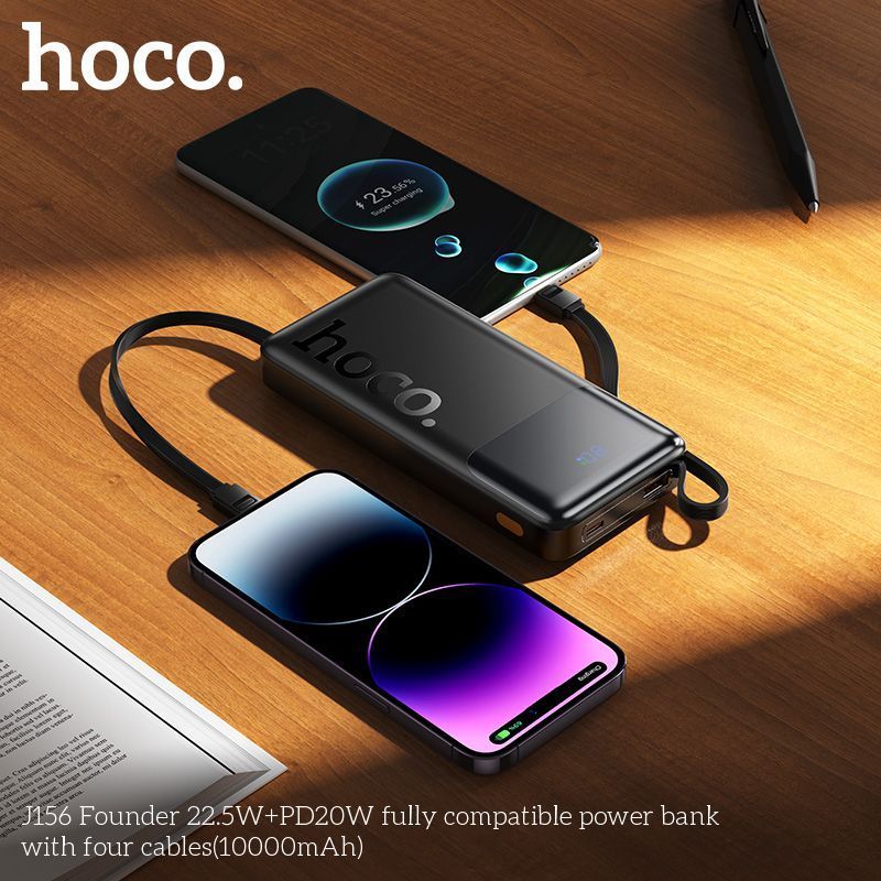 Power Bank Hoco J156 Founder 10000mAh 22.5W+PD20W (1A1C)+4-cable(USB-A/iP/M/T), Black