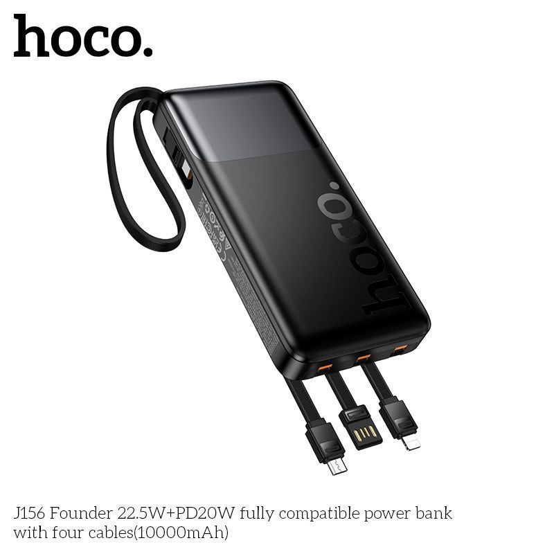 Power Bank Hoco J156 Founder 10000mAh 22.5W+PD20W (1A1C)+4-cable(USB-A/iP/M/T), Black