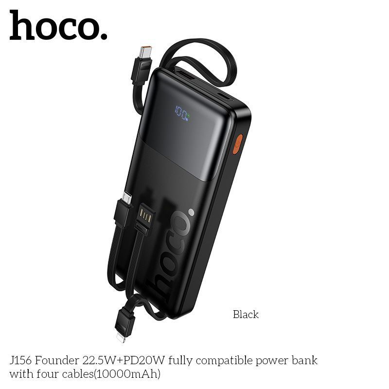 Power Bank Hoco J156 Founder 10000mAh 22.5W+PD20W (1A1C)+4-cable(USB-A/iP/M/T), Black