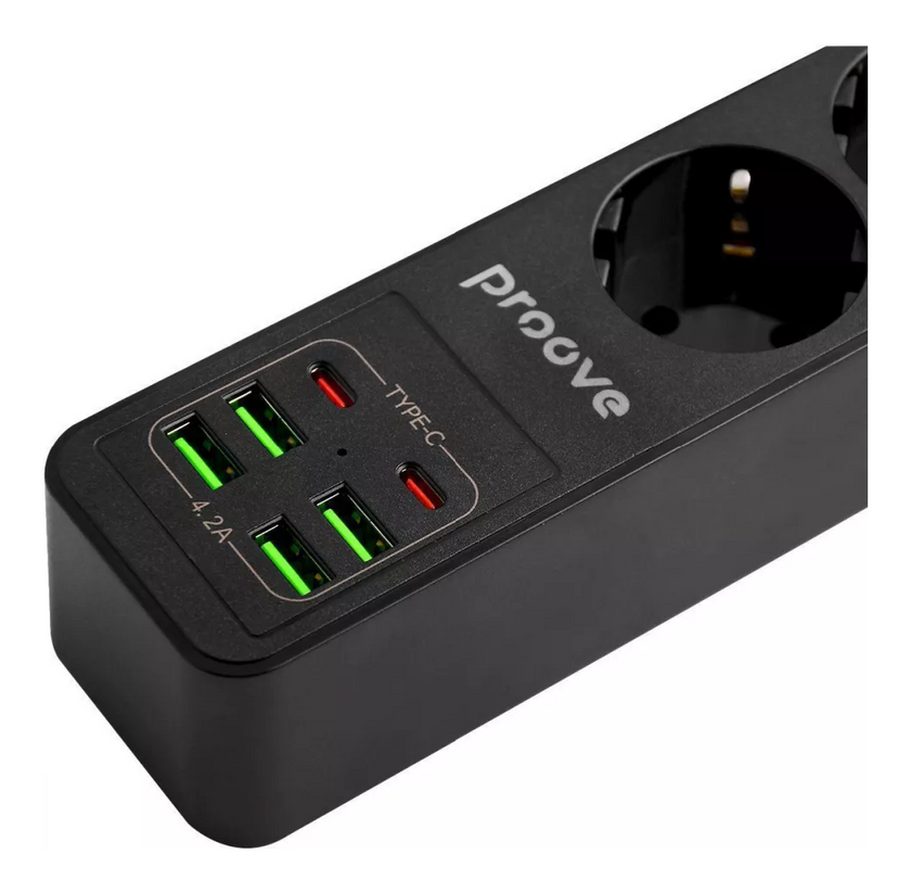 Мережевий фільтр Proove Power Strip P-03 (3 розетки + 4 USB + 2 Type-C) 2М, Black