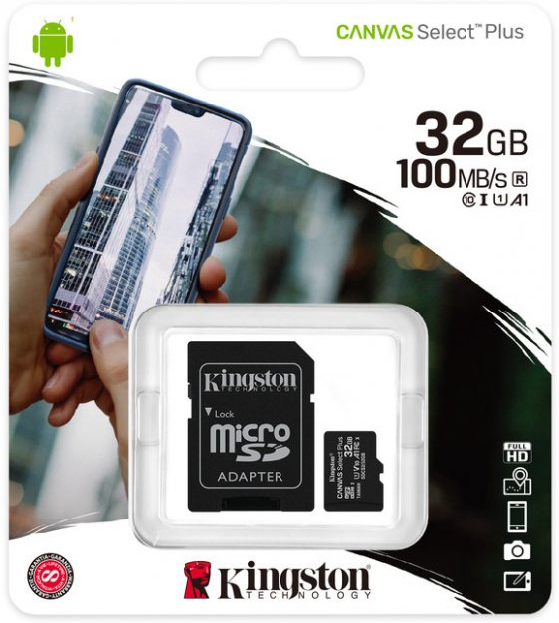 Карта пам'яті MicroSD 32GB Kingston + Adapter SD Canvas Select Plus (R100/W10)
