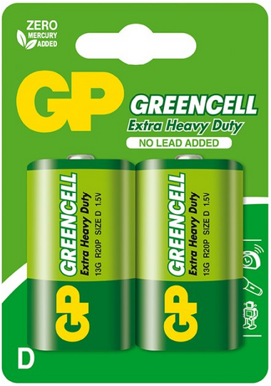 Батарейка GP GREENCELL 1.5V сольова, 13G-U2, R20, D 2шт.
