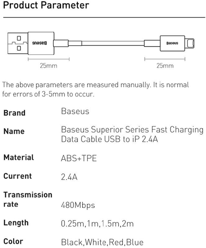 Кабель Baseus Superior Series Fast Charging Lightning 2.4A (2м), Black (CALYS-C01)