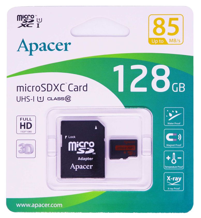 Карта пам'яті MicroSD 128GB Apacer UHS1 (Class 10) + Adapter SD (R85MB/s)