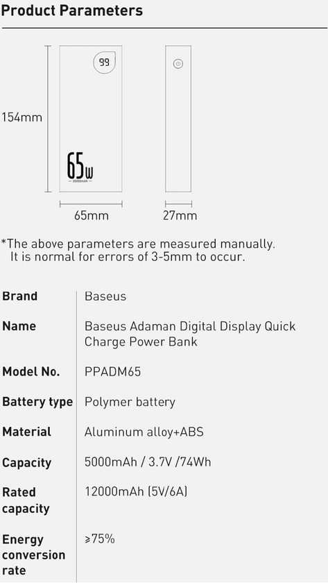 Power Bank Baseus Adaman Metal Digital Display Quick Charge 65W 20000mAh, Black, (PPIMDA-D01)