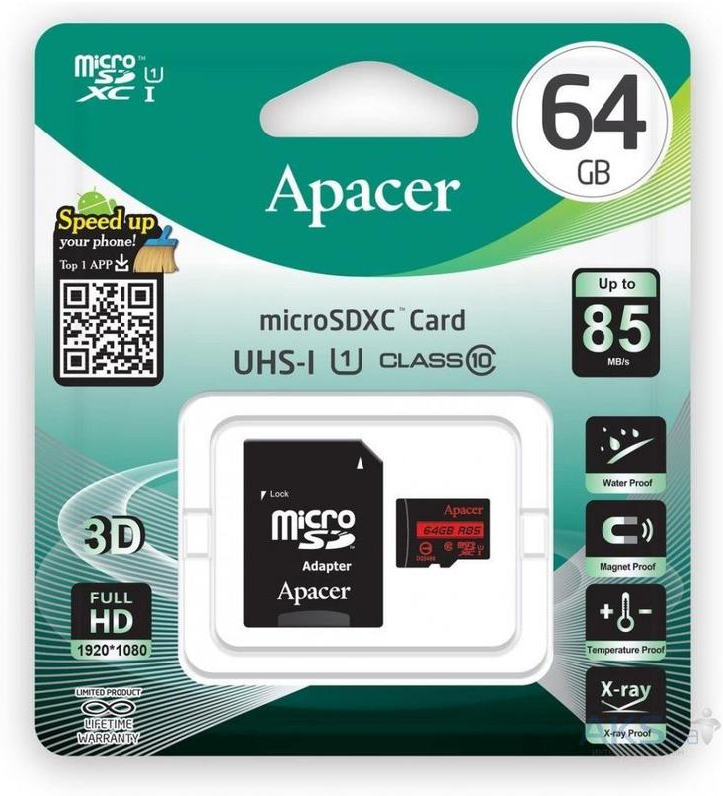 Карта пам'яті MicroSD 64GB Apacer UHS1 (Class 10) + Adapter SD (R85Mb/s)