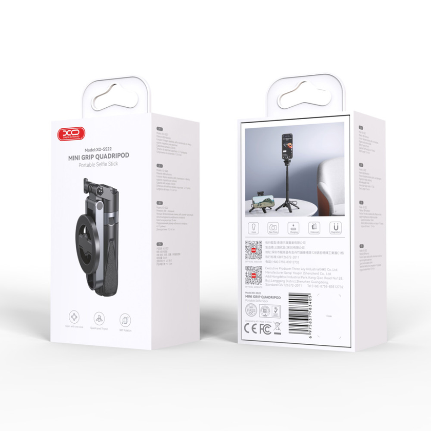 Монопод (трипод) XO SS22 4-in-1 Magnetic Mini Selfie Stick Bluetooth (для селфі та фотозйомки), Black