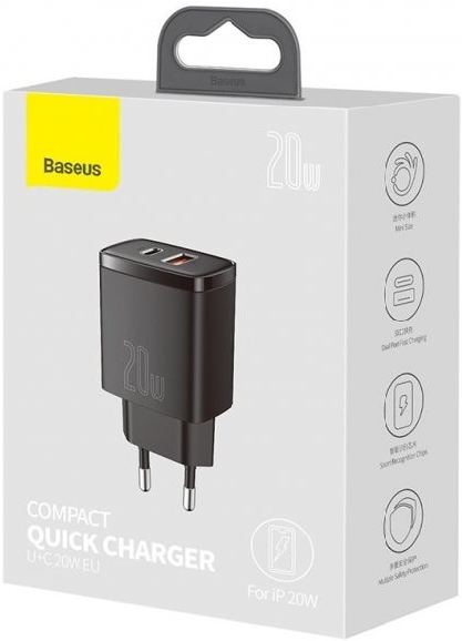 ЗП Baseus Compact Quick Charger 20W QC+ PD (1Type-C + 1USB), Black (CCXJ-B01)