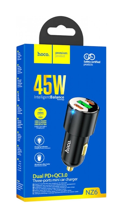 АЗП Hoco NZ6 45W (2 Type-C + 1 USB), Black