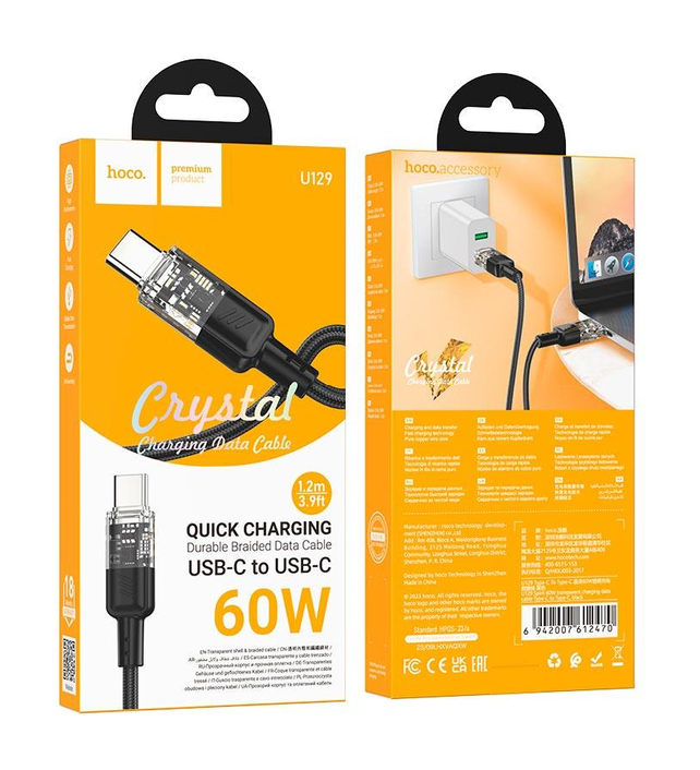 Кабель Hoco U129 Spirit transparent Type-C to Type-C 60W 1.2m, Black