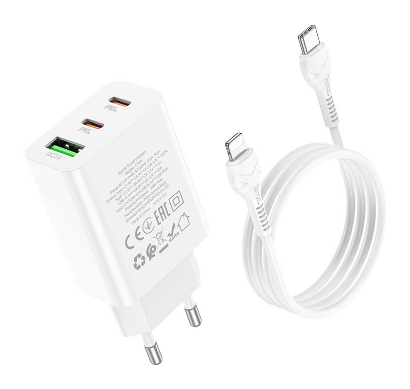 ЗП Hoco C99A + кабель Type-C to Lightning 1USB/2Type-C/3A/PD/QC3.0, White