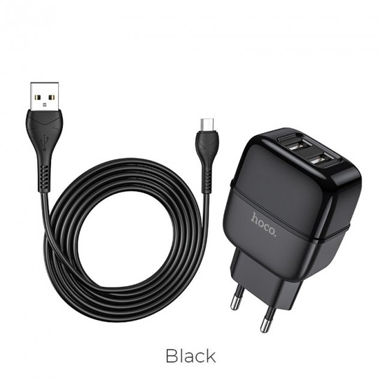 ЗП USB Hoco C77A (2USB/2.4A) + MicroUSB, Black