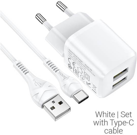 ЗП Hoco N8 Briar Type-C Cable 2USB 2.4A, White