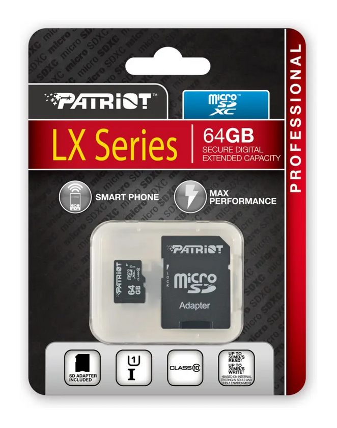 Карта памяті Patriot MicroSDXC 64GB UHS-I (Class 10) LX Series +SD adapter